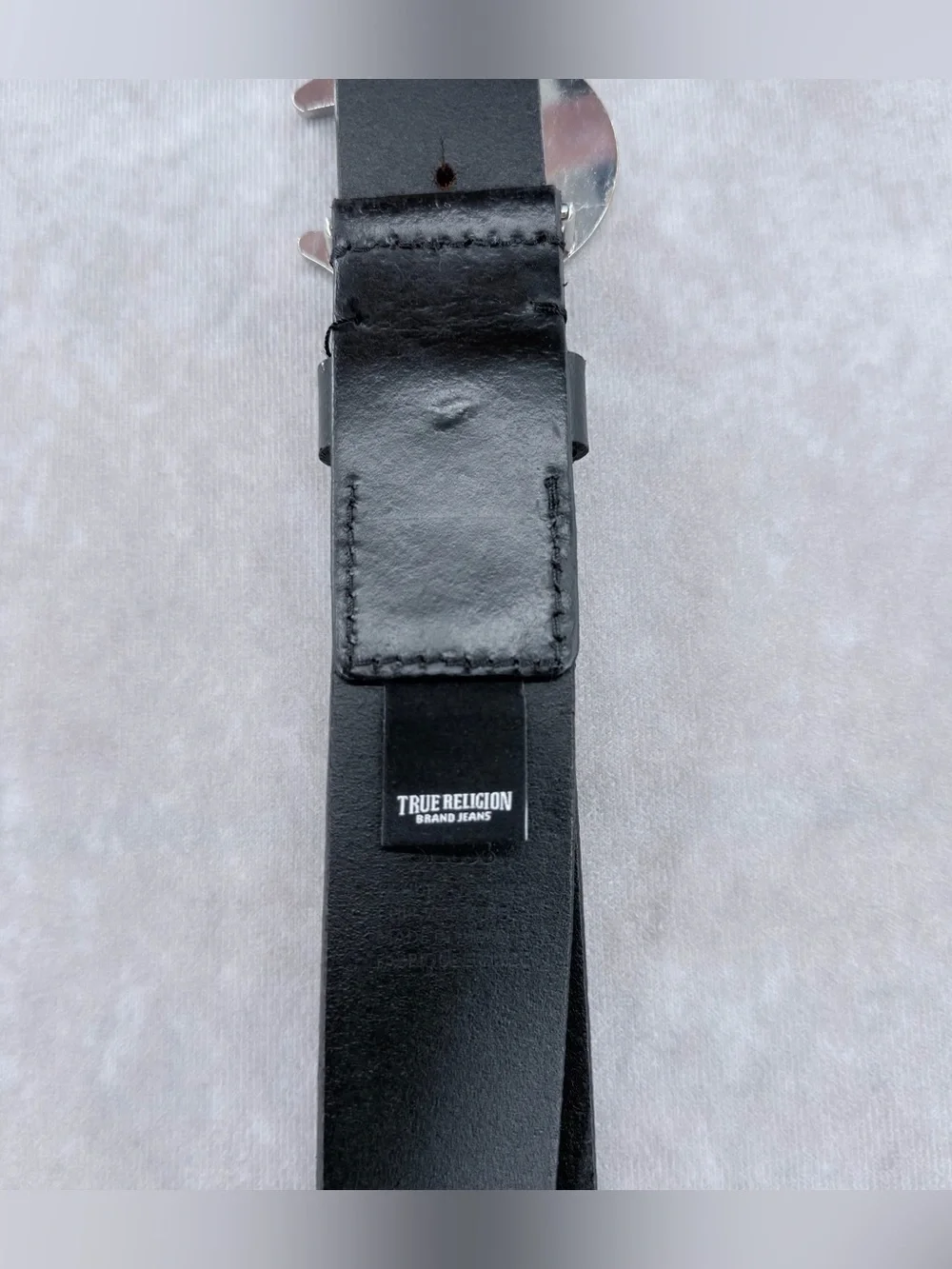 True Religion Black Leather Belt with Red Horseshoe Buckle
